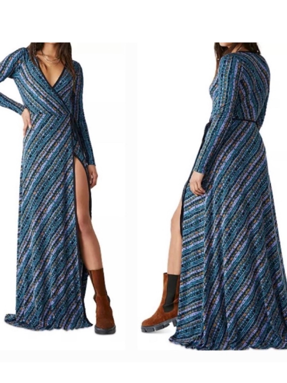 NWT FREE PEOPLE Phoebe maxi wrap dress teal blue purple print V-neck striped XS